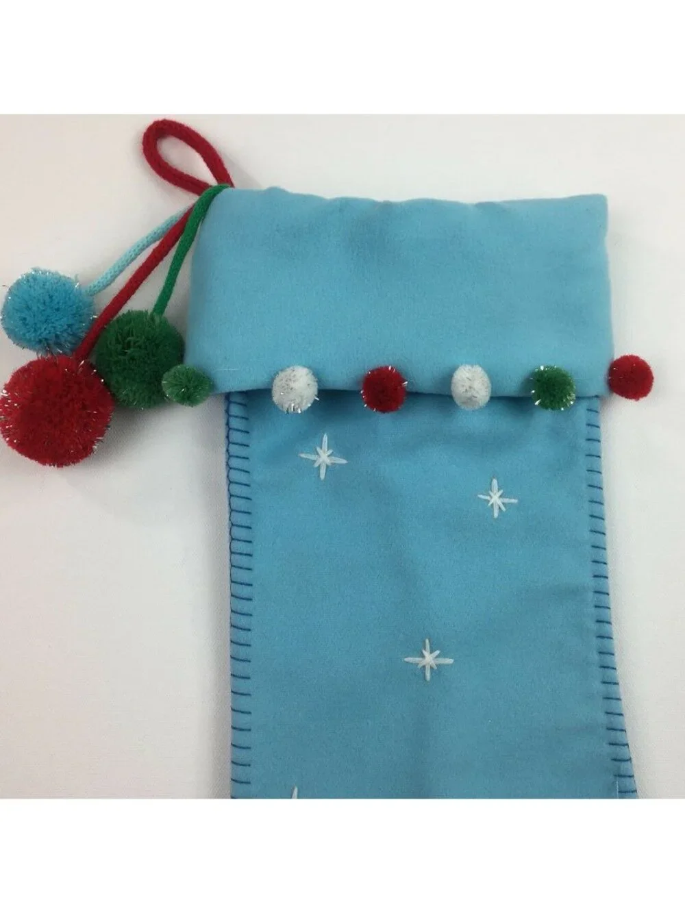 Light Blue Christmas Stocking Pom Poms Embroidered Stars Red Green White Tassel